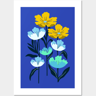 Colorful tropical flowers in blue and yellow Posters and Art